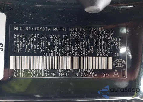 2012 Toyota Corolla S из США, поврежденный, VIN 2T1BU4EE0CC785526